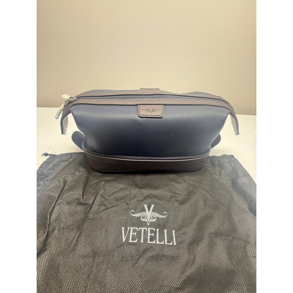 Vetelli Leo Mens Toiletry Bag Navy Blue Brown Leather Dopp Kit New with Tag